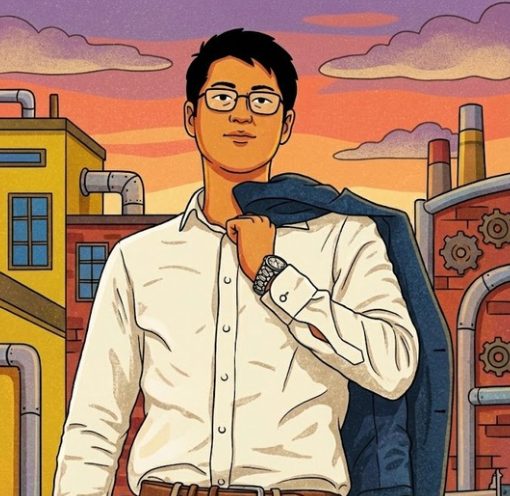 Illustration: a Japanese executive at sunset