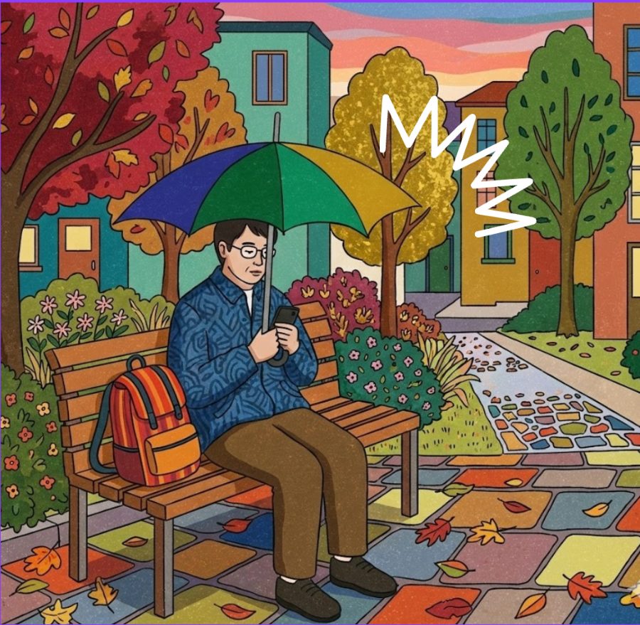 Illustration: a man on a bench with his phone