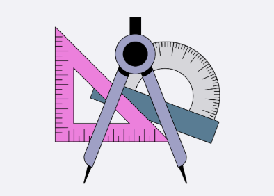 A set square, compass and protractor